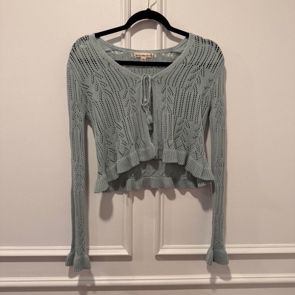 Women's Size S Sage Green Crochet Cardigan Sweater Cropped Boho Cottagecore